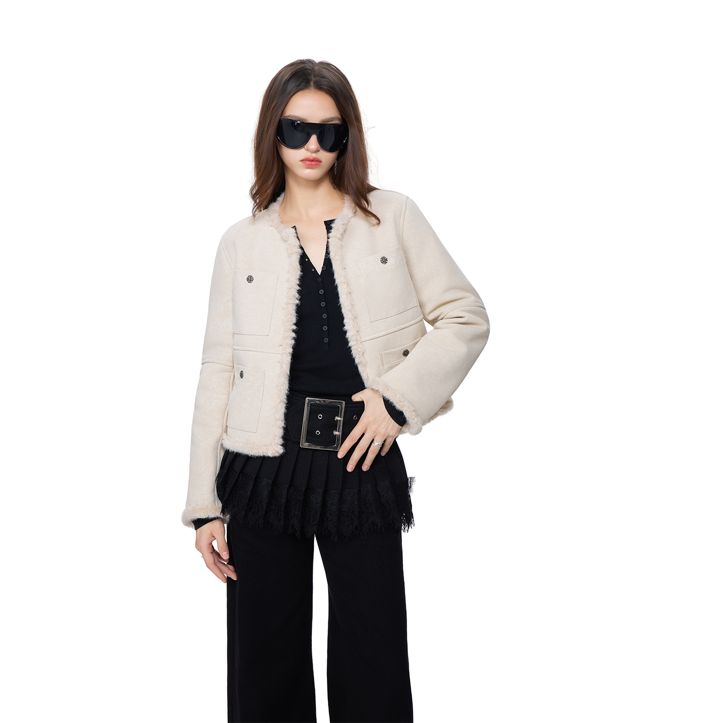 无脊椎25fw-003  麂皮修身毛绒皮毛一体小香夹克皮草外套