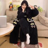 冬款 罗小黑睡衣连帽成人款 珊瑚绒睡袍女三层夹棉冬季 加绒加厚长款