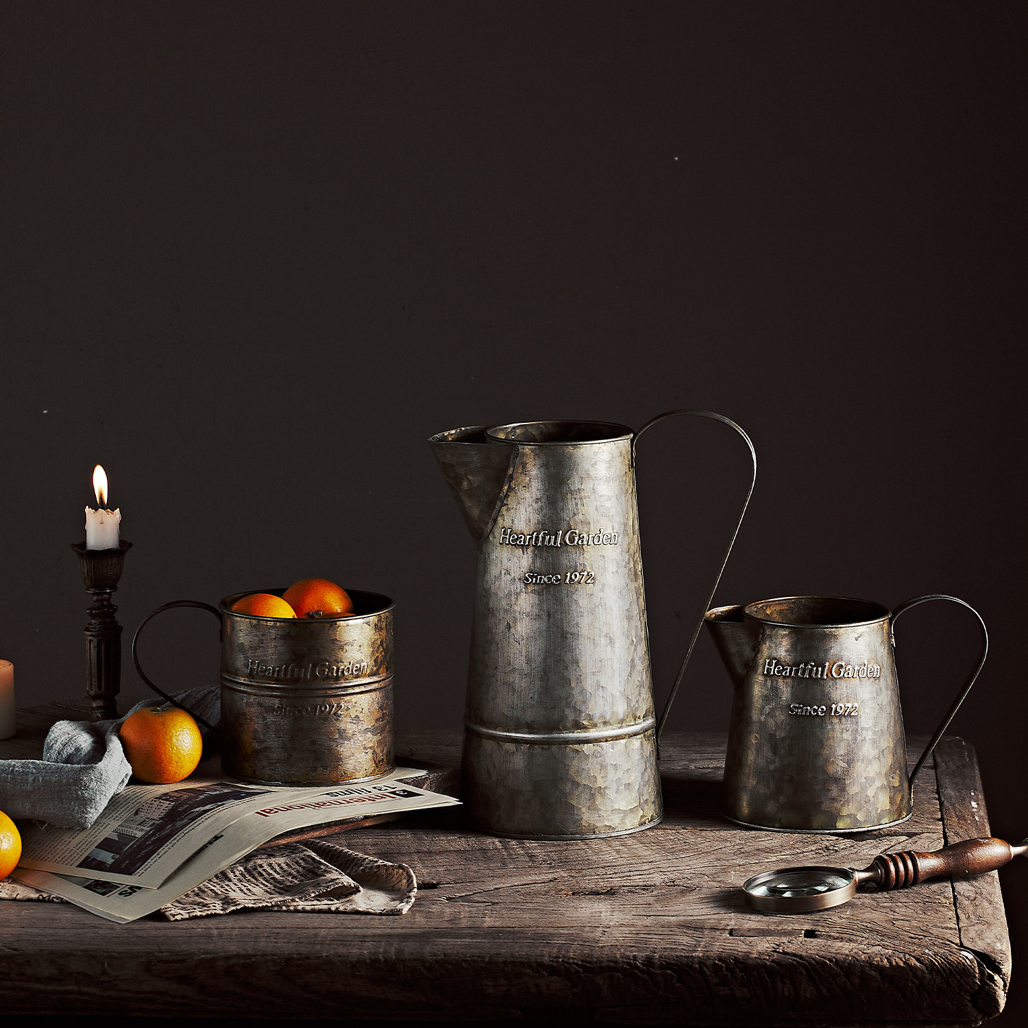 做旧铁皮复古手提桶花桶花器花瓶装饰摆件拍摄道具花园英文田园风