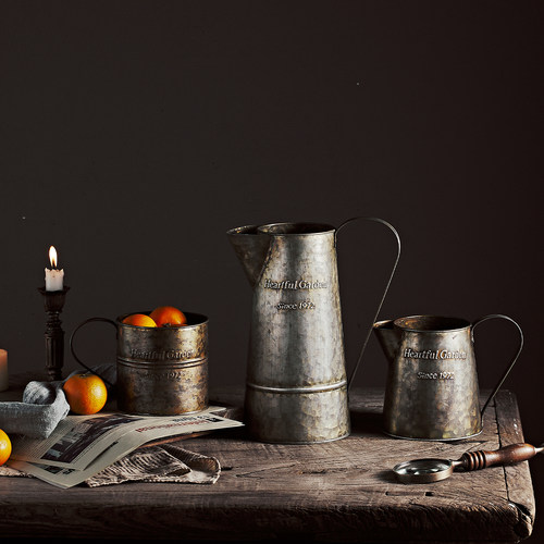 做旧铁皮复古手提桶花桶花器花瓶装饰摆件拍摄道具花园英文田园风