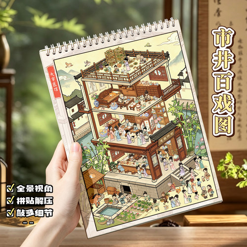 国潮古风市井百戏全景立体贴纸