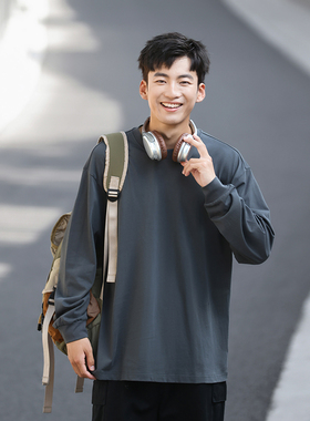 VR97重磅纯色宽松长袖T恤男2024秋冬新款休闲纯棉圆领打底衫上衣