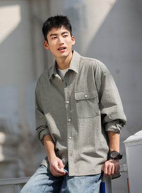 VR97日系条纹泡泡纱长袖衬衫男2025春夏季新款纯棉宽松休闲衬衣潮