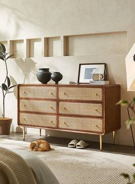 北欧实木藤编五四式六斗柜柜简约现代餐边68773抽屉收纳储物柜日