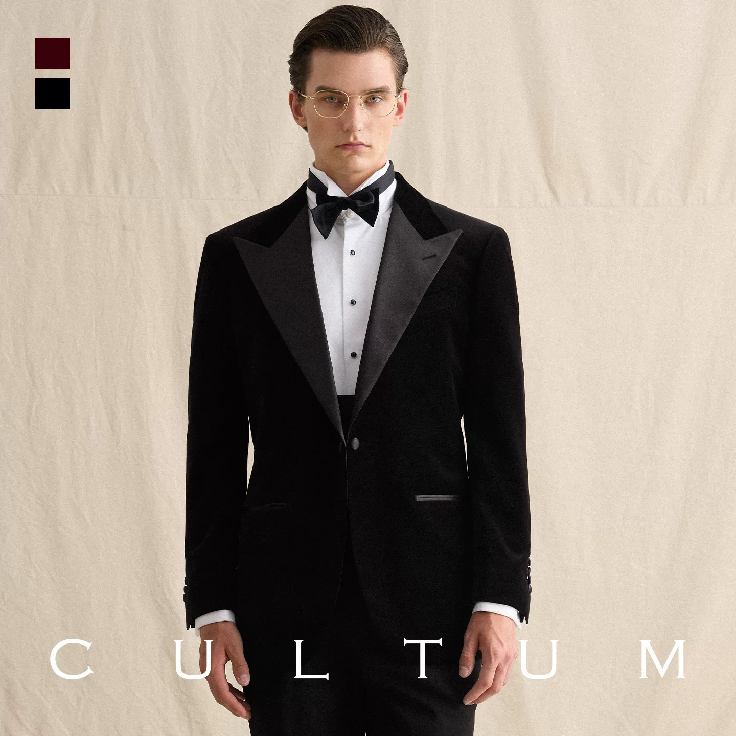 【高棉定织】CULTUM缎面戗驳领黑色丝绒塔士多结婚礼服西服套装男