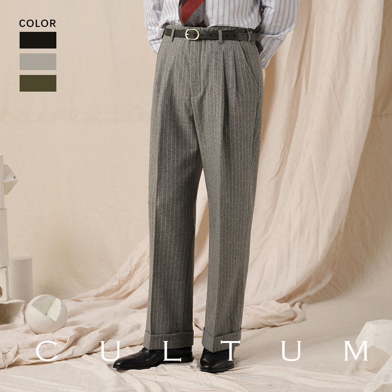 复古加厚银行家条纹羊毛西裤