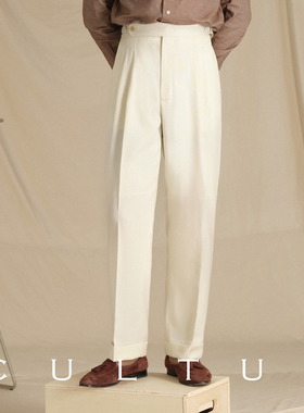 【重磅精纺羊毛】CULTUM意式那不勒斯抗皱双褶斜纹休闲白色西裤男