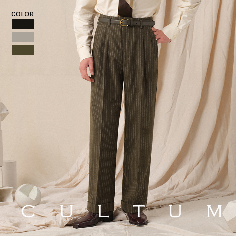 复古条纹羊毛直筒双褶好莱坞西裤