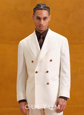 CULTUM50羊毛白色西装套装半麻衬戗驳领双排扣意式休闲西服外套男