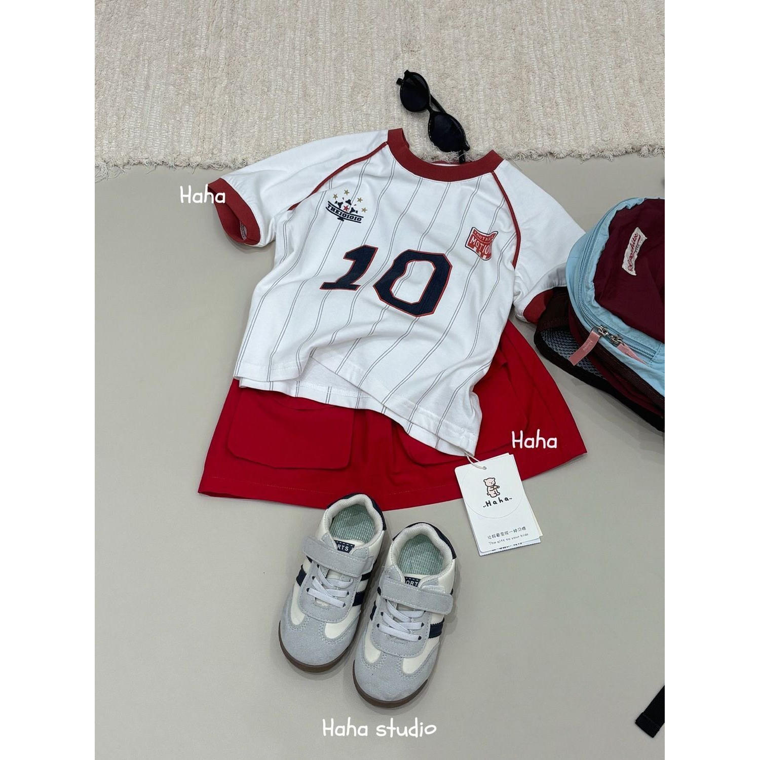 男女童数字印花运动风条纹短袖T恤夏季新款中小童时尚撞色半袖衫