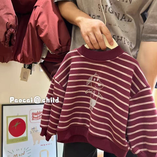 秋冬中小童条纹印花韩版套头上衣宽松百搭时髦男女童圆领加绒卫衣