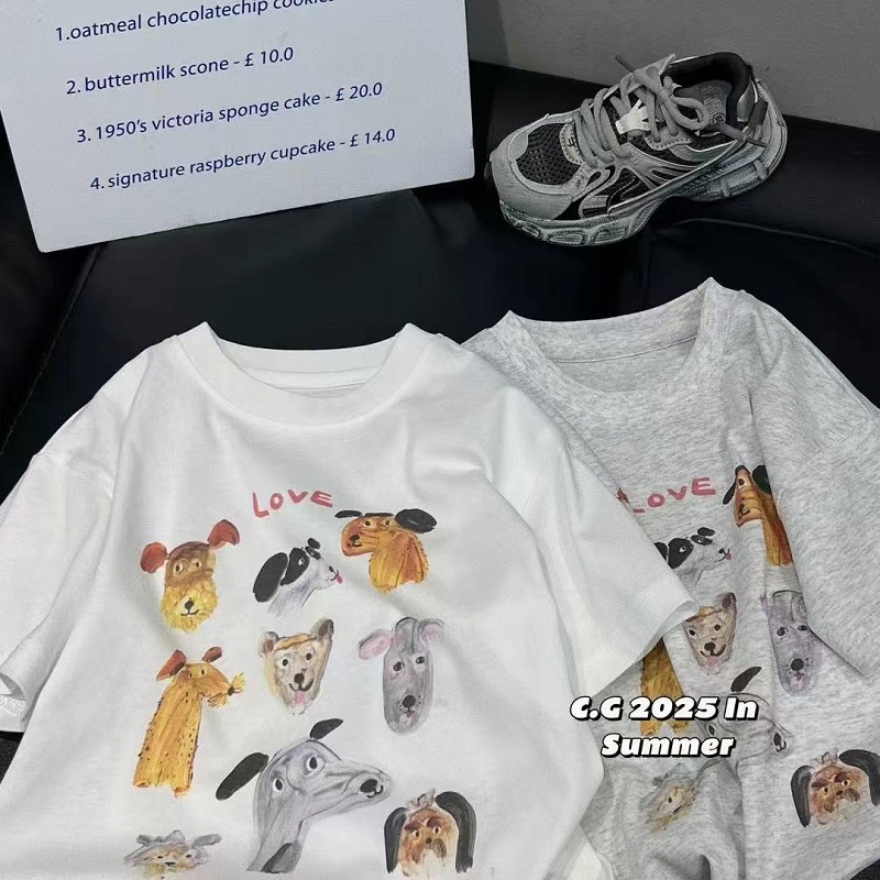 2025夏季儿童新款洋气卡通狗狗印花短袖T恤男女童纯棉百搭半袖薄