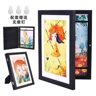儿童画纳框框翻盖相框收装i裱dy画作储存美RIJ术画更夹展示框可换