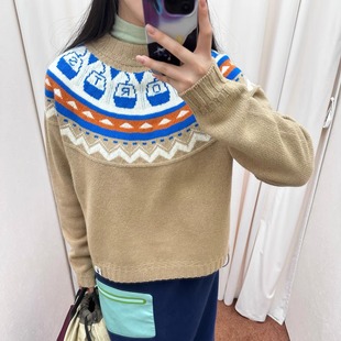 短句设计师款26早春新款小缆车费尔岛圆领套头字针织衫宽松上衣女