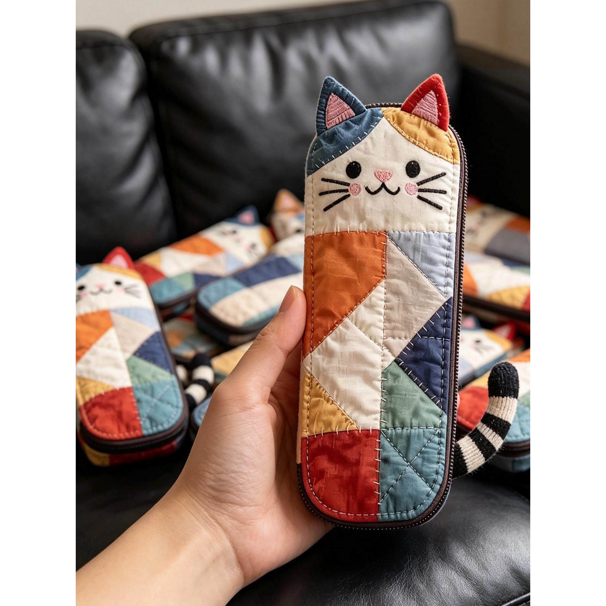 拼布小猫笔袋高颜值ins风个性便携大容量铅笔袋男女生可爱收纳袋