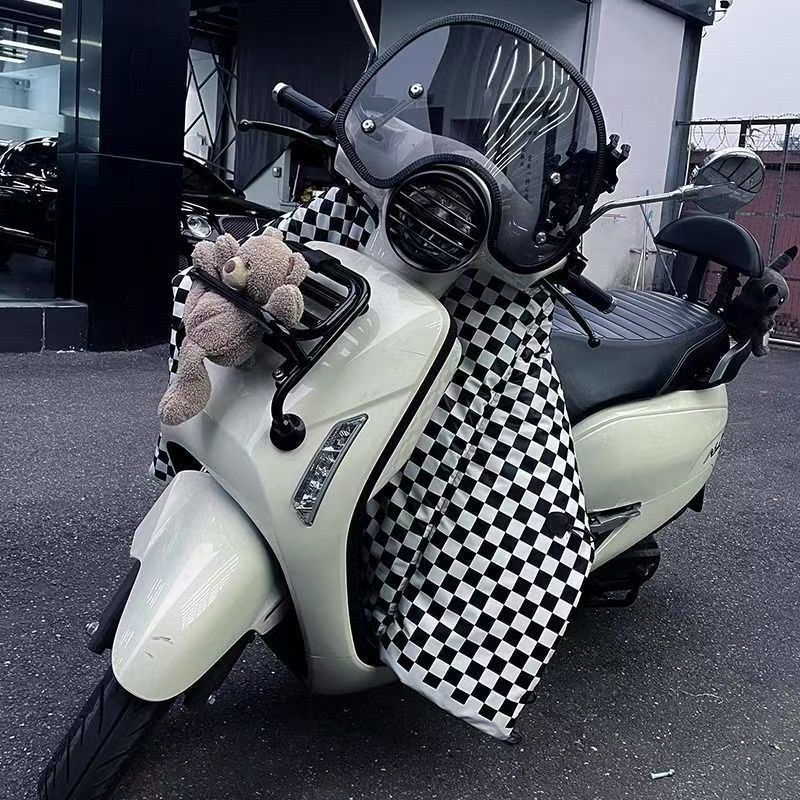 踏板摩托车挡风神器电动车摩托车挡风被加绒加厚棋盘格黑白格子分