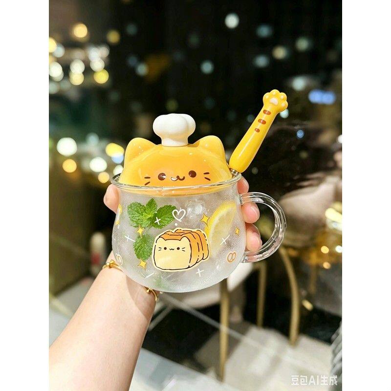 可爱小猫玻璃杯家用儿童高硼硅水杯女生高颜值冰美式咖啡杯果汁杯