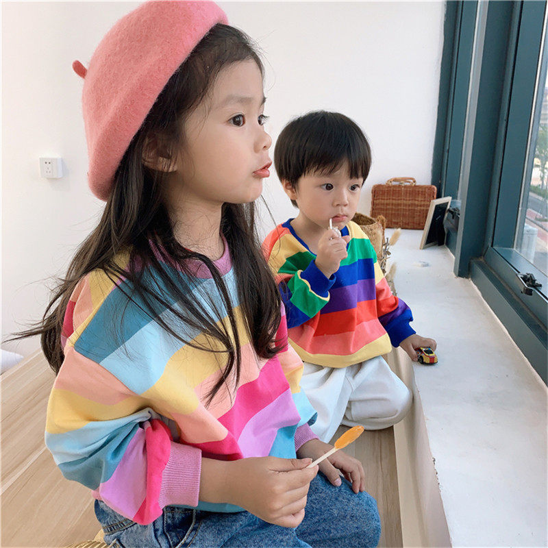 儿童彩虹卫衣韩版秋款男童条纹卫衣纯棉女童宝宝洋气百搭套头上衣