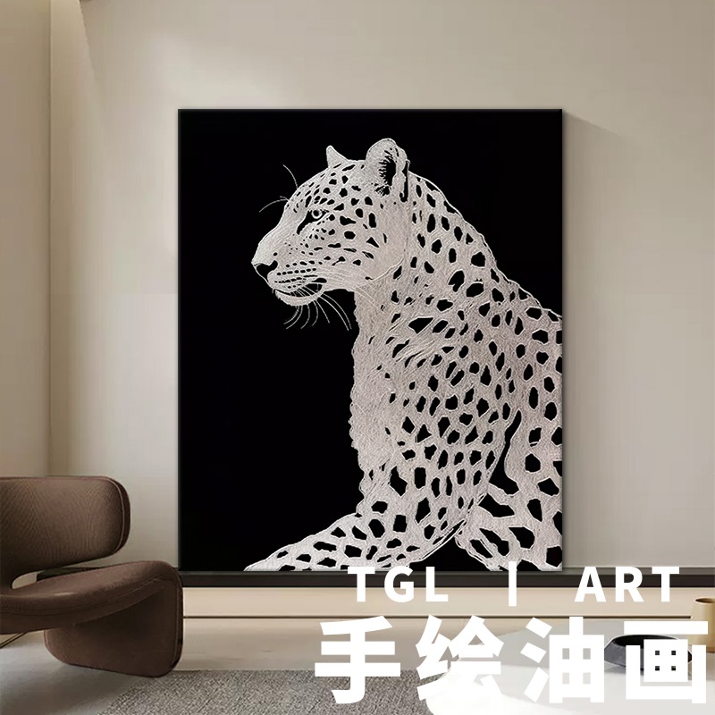 大芬村简美猎豹手绘油画黑白豹子客厅装饰画立体肌理动物玄关挂画图片