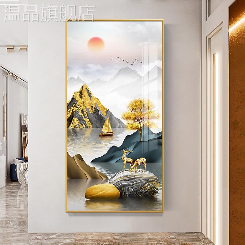 旭日东升玄关挂画新中式山水画入户正对门玄幻装饰画发财树晶瓷画图片