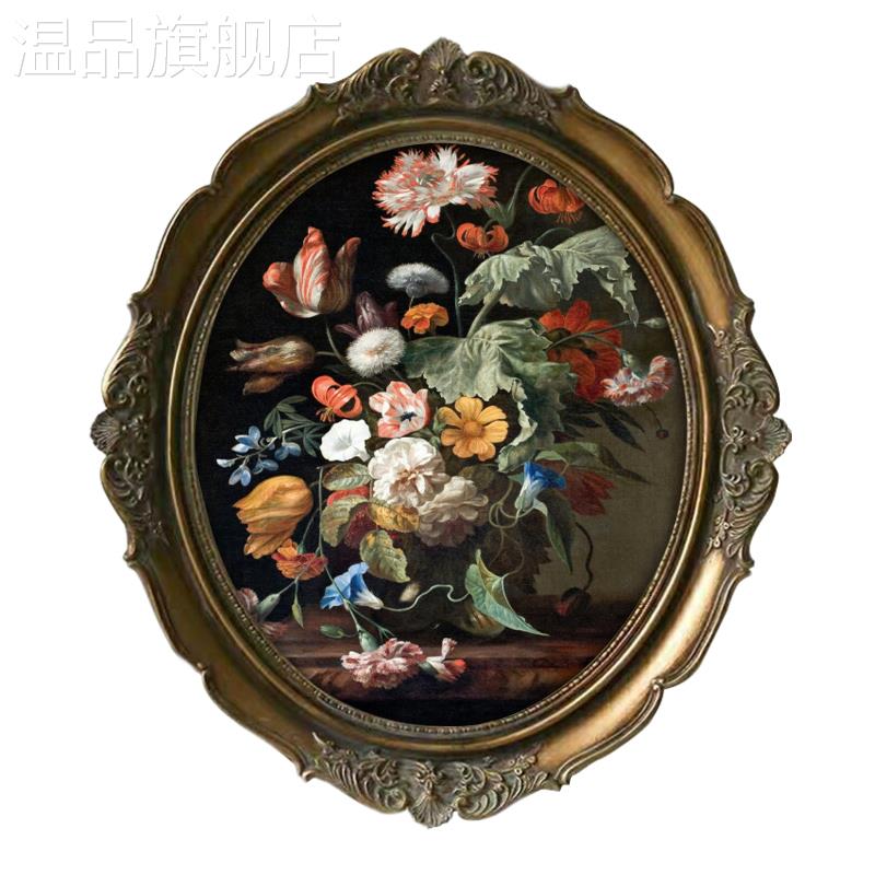 新款复古壁画小众古典欧式怀旧装饰画轻奢法式植物花卉圆形框美式图片