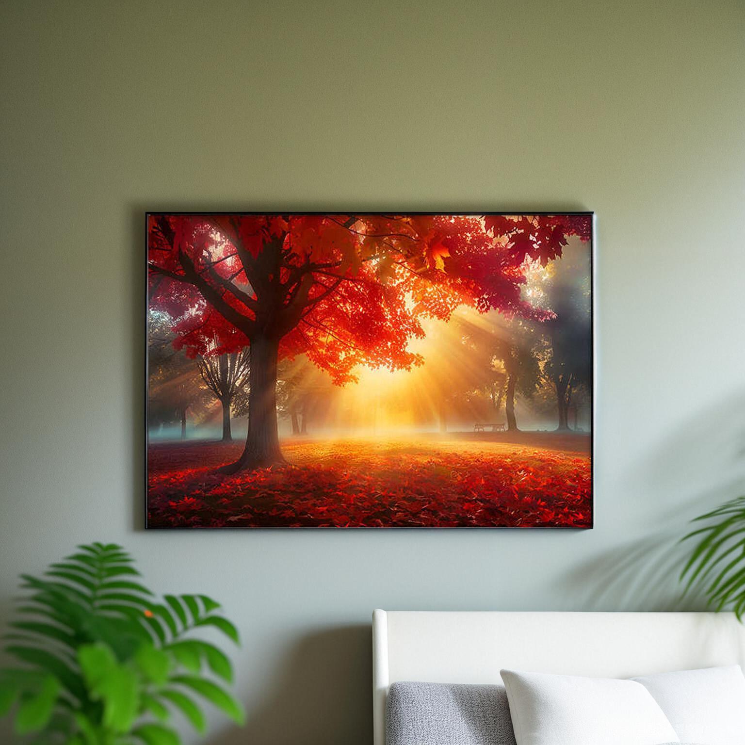 红色枫林客厅装饰画画现代简约玄关饭厅沙发背景墙大气风景横版挂