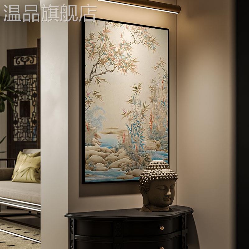 现代中古风客厅沙发背景装饰画卧室玄关壁画餐厅竖版挂画流水松树图片