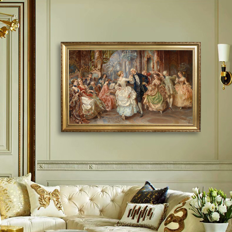 新款横版大幅欧式宫廷人物油画贵夫人装饰画客厅有框画高清喷绘油