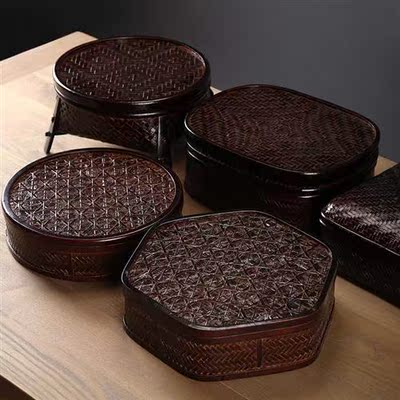 竹编日式大漆复古食盒收纳筐圆形带盖茶具收纳盒漆器礼品篮手提篮