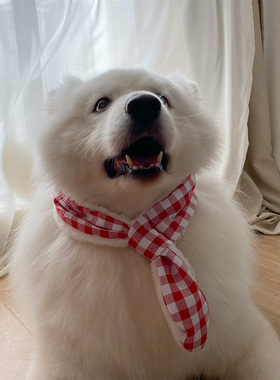 宠物新款围巾狗狗领巾红色格子毛绒领结中大型犬萨摩哈士奇围脖