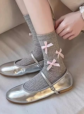 灰色蝴蝶结袜子女中筒袜夏季薄款日系芭蕾风白色堆堆棉袜配小皮鞋