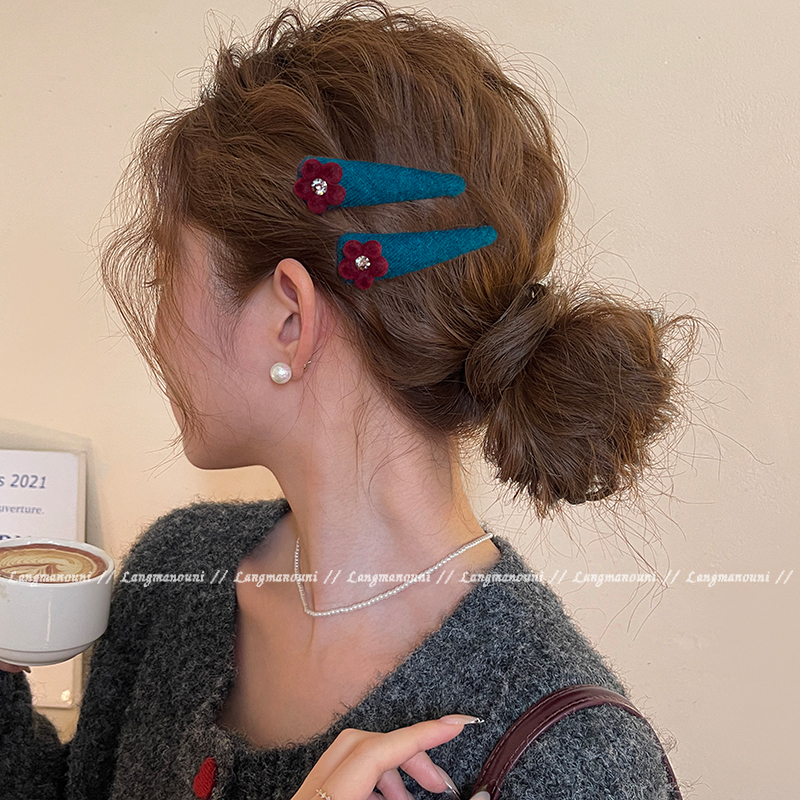 植绒花朵闪钻发夹女2025新款高端侧边夹前额碎发刘海夹bb夹子头饰