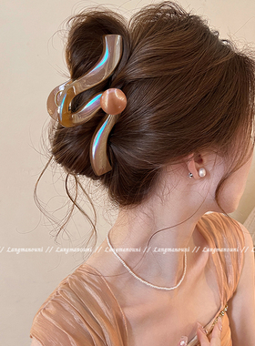 橙色晚霞~波浪圆珠抓夹女大号高级感发夹2025新款盘发鲨鱼夹发饰