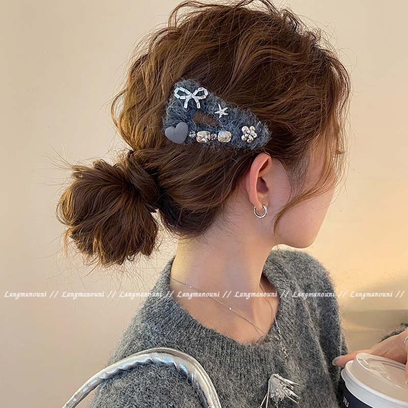 精致闪钻蝴蝶结发夹毛绒bb夹秋冬侧边刘海夹2025新款高端碎发头饰