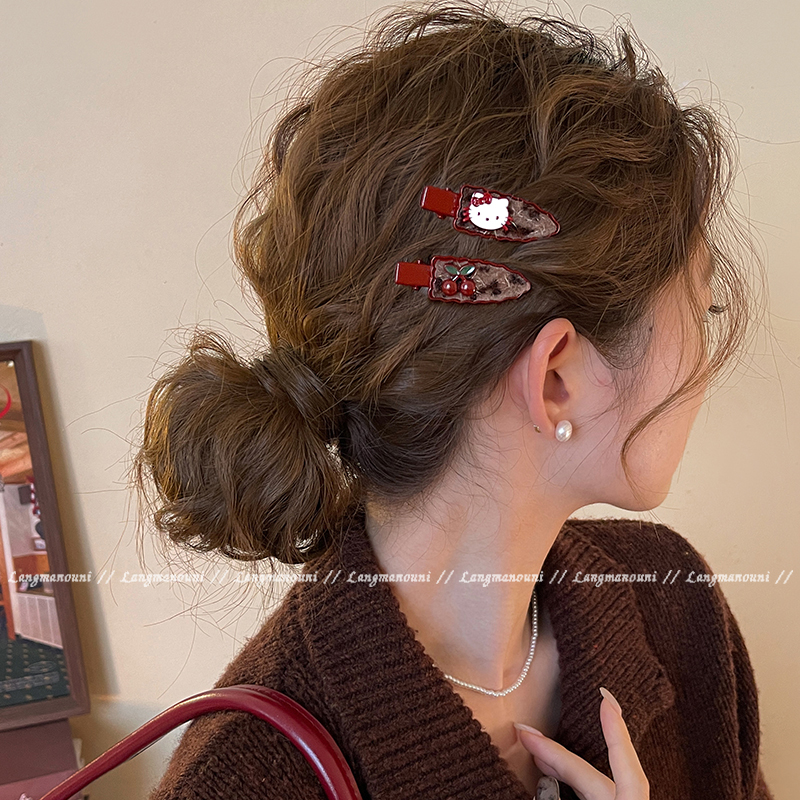 樱桃猫咪豹纹发夹女前额碎发侧边夹高端2025新款刘海夹碎发卡发饰