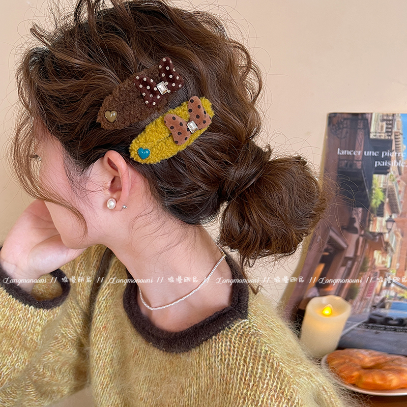 甜美波点蝴蝶结毛绒发夹女高端前额发卡2025新款侧边夹刘海夹发饰