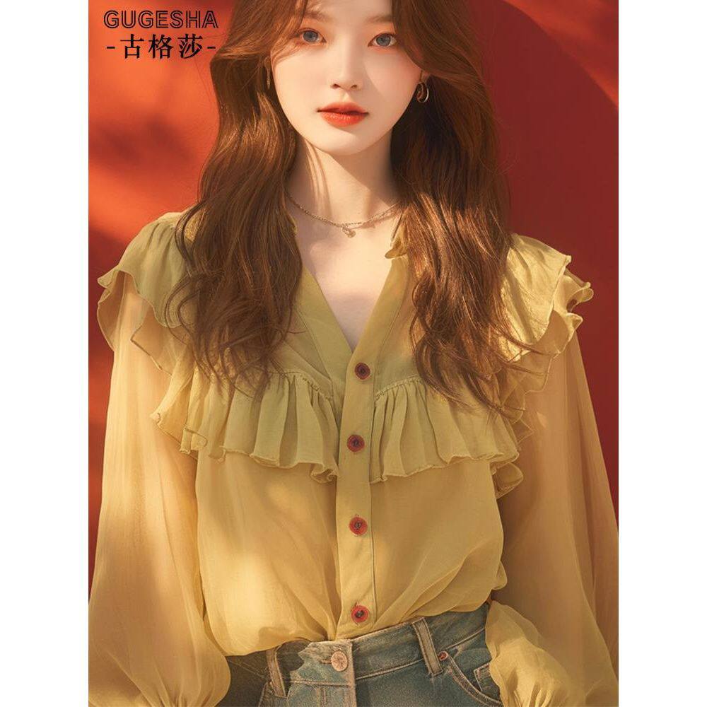 黄色荷叶边V领衬衫女装秋