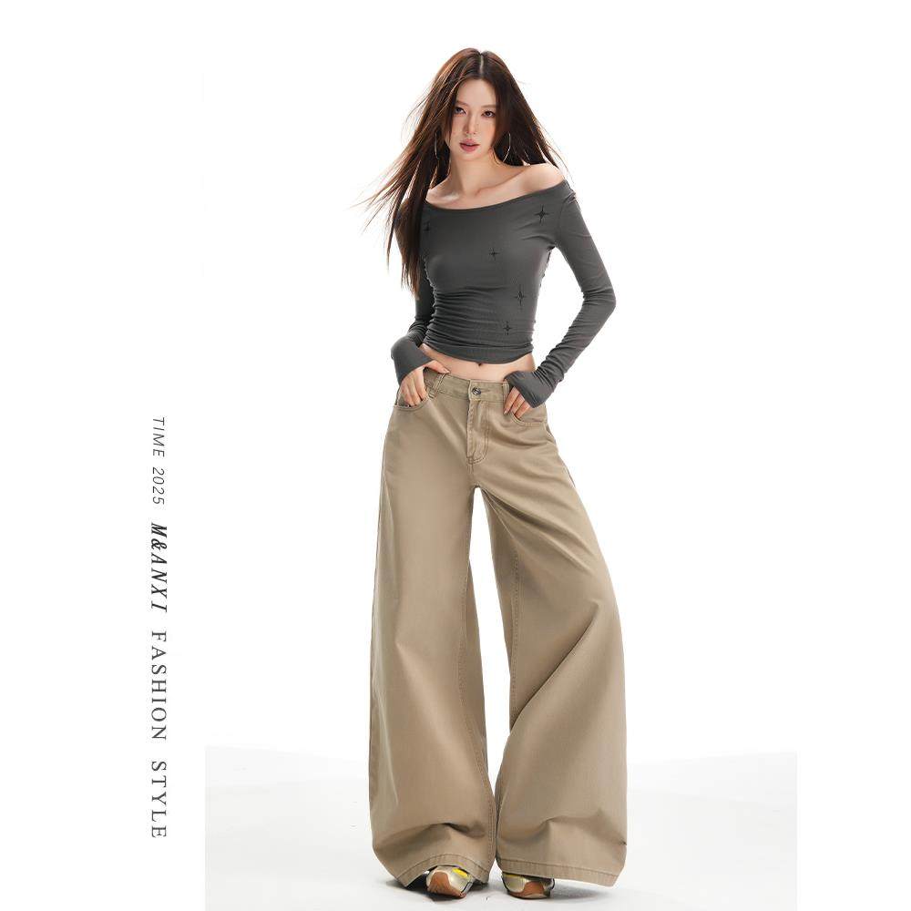 美式卡其色高腰直筒牛仔裤女2025秋季新款百搭宽松显瘦阔腿拖地裤
