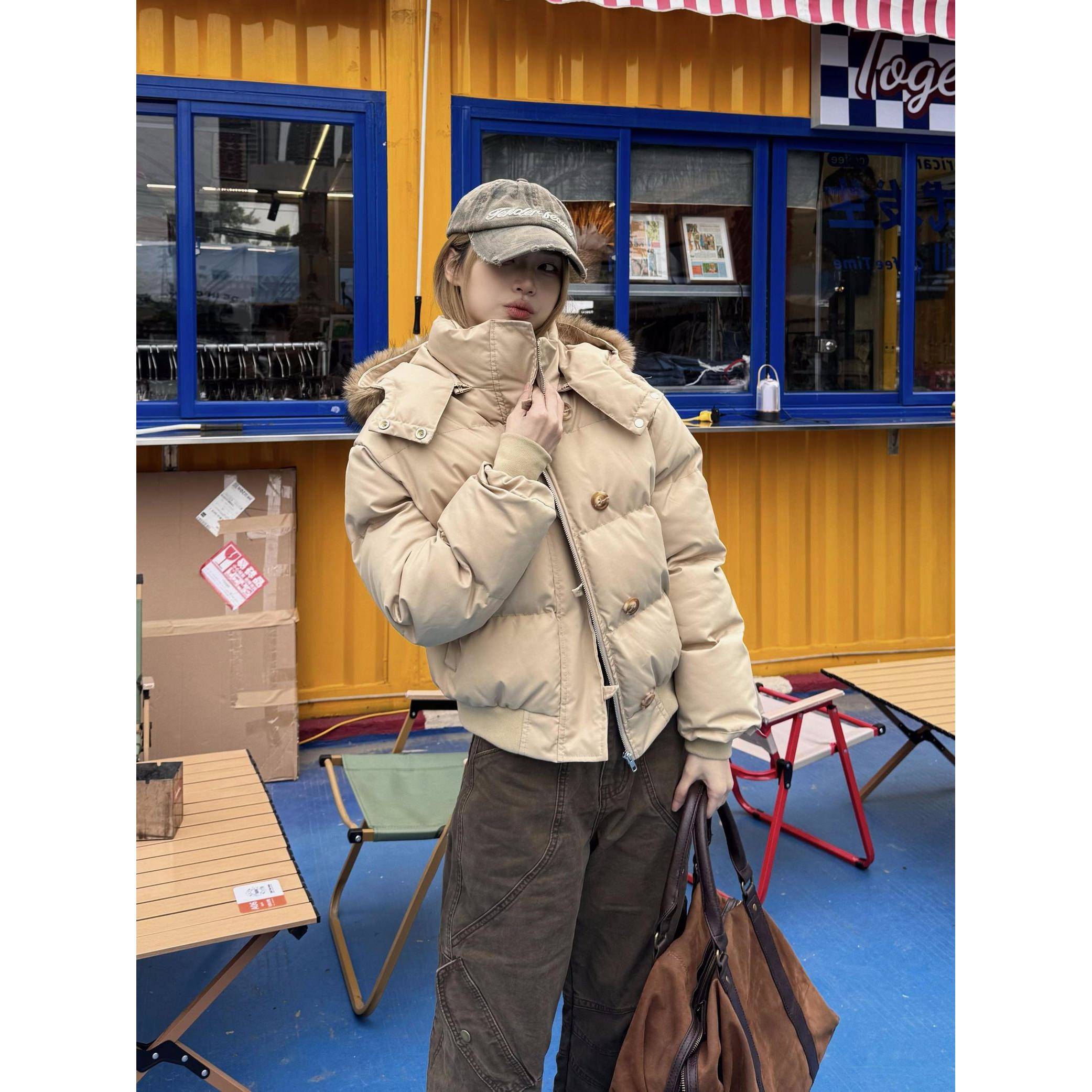 Xfx美国覆古宽松的毛皮领加厚可拆卸的棉质外衣妇女的冬季短羽绒