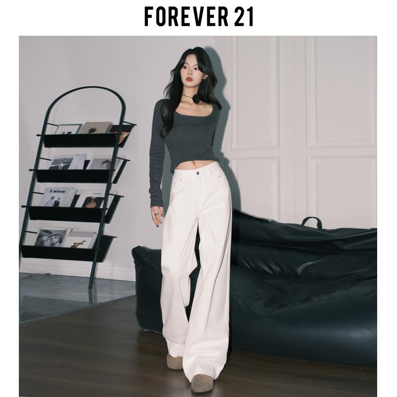Forever 21美式白色垂感阔腿牛仔裤女秋冬百搭高腰宽松直筒拖地裤