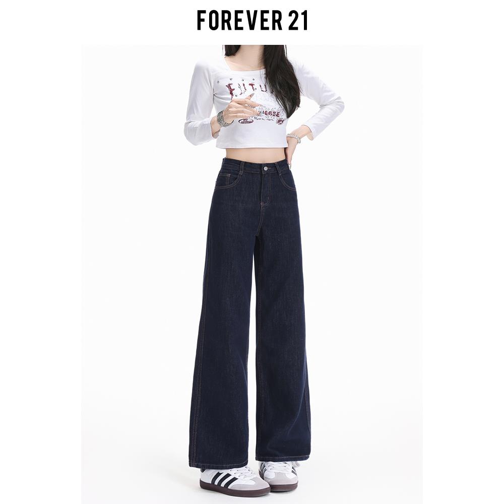 Forever 21覆古深蓝窄版直筒牛仔裤女美式高腰百搭宽松梨形阔腿裤