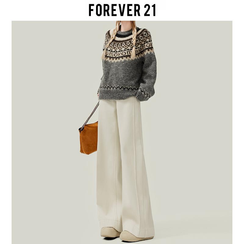 Forever 21美式米白色垂感阔腿牛仔裤女春季休闲高腰宽松直筒裤子