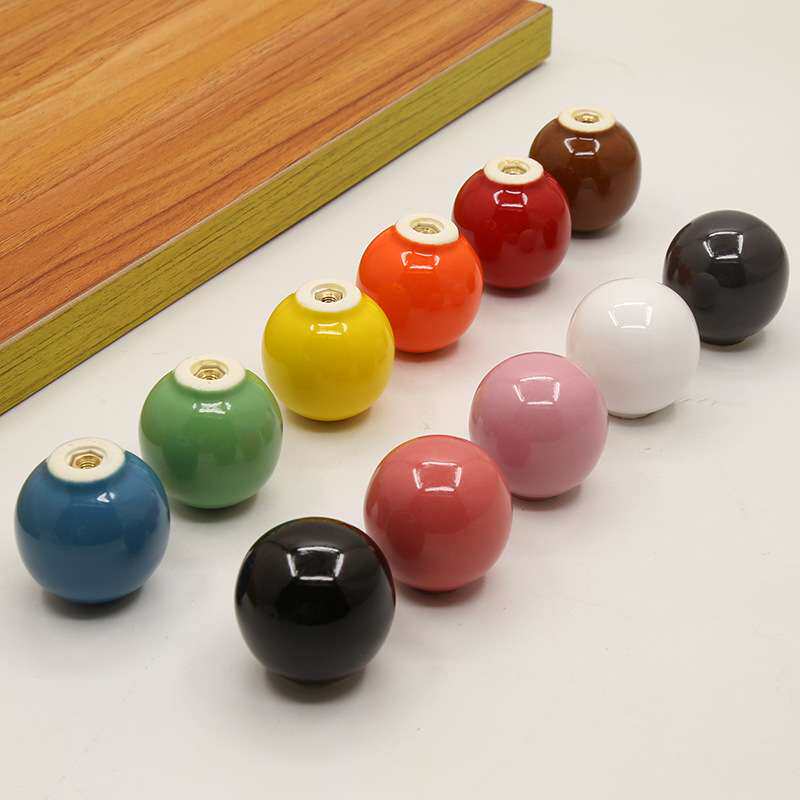 彩色陶瓷柜门拉手简约橱柜衣柜抽屉球圆型单孔拉手瓶子盖手柄把手