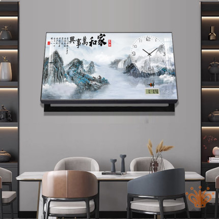 带时钟万年历大尺寸电表箱装饰画新中式客厅山水钟表遮挡配电箱盒