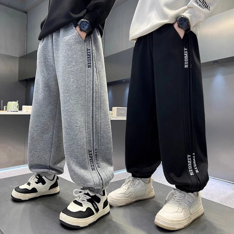 春秋季男童裤子纯棉休闲卫裤束脚裤男孩灰黑色运动裤中大儿童长裤