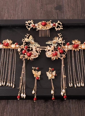 中式新娘秀禾头饰简约凤冠大气秀禾服红色步摇结婚禾服发饰显脸小