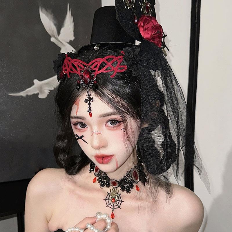 洛丽塔舞会小礼帽发夹女暗黑哥特风玫瑰花网纱发饰万圣节头饰边夹