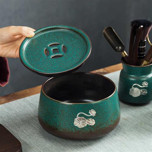 松石绿釉陶瓷建水黛绿日式茶洗杯洗茶盂废茶渣缸家用茶道配件渣斗