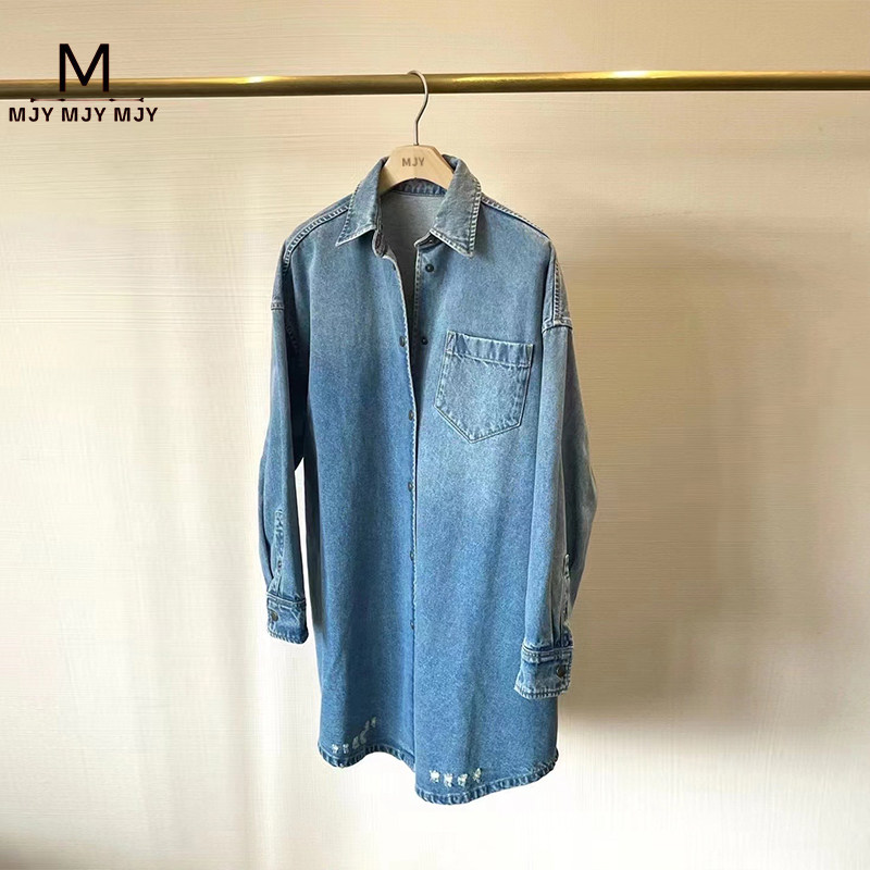 MJY高端女装土耳其进口牛仔面料柔软舒适翻领中长款牛仔衬衣女