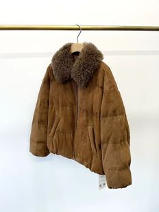 新款进口绒面羊皮羊绒皮毛一体毛领填充95白鹅绒短款羽绒服女外套